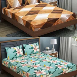 Aura Brown & Blue Floral 144 TC 2 Queen Bedsheet with 4 Pillow Covers-image-47