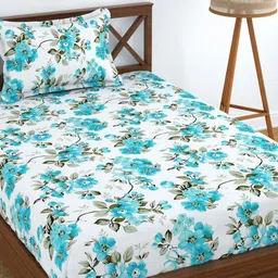 UrbanArts White & Blue Floral 180 TC Single Bedsheet with 1 Pillow Covers-image-79