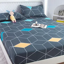 JC HOME Charcoal Geometric Printed 120 TC Fitted Queen Bedsheet with 2 Pillow Covers-picture-2
