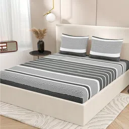 Varde Black & White Striped Cotton 210 TC King Bedsheet with 2 Pillow Covers-image-5