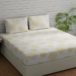 Huesland Comfort White & Yellow Printed 144 TC Cotton Single Bedsheet & Pillow Cover-image-31