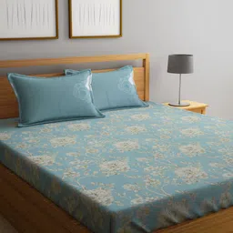 KLOTTHE Floral Printed 400 TC Pure Cotton Fitted Super King Bedsheet & 2 Pillow Covers-image-4