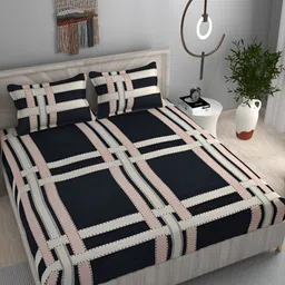 FINE TEX WORLD Beige & Black Geometric Fitted 210 TC King Bedsheet with 2 Pillow Covers-picture-32