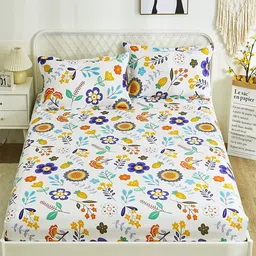 JC HOME White & Blue Floral 120 TC King Bedsheet with 2 Pillow Covers-picture-7