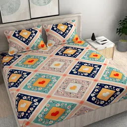 FINE TEX WORLD Pink Blue Floral 210 TC King Fitted 160GSM Bedsheet With 2 Pillow Covers-picture-16