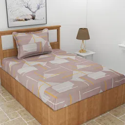 BREVARD Brown & White Geometric 210 TC Single Bedsheet With 1 Pillow Cover-picture-21