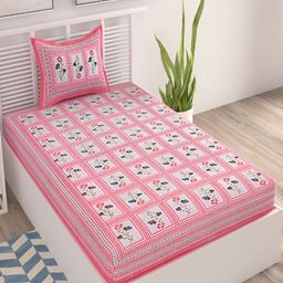 Aura Pink & White Floral Cotton 120 TC Single Bedsheet with 1 Pillow Covers-picture-0
