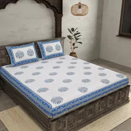 JAIPUR FABRIC Blue & White Floral Queen Bedsheet with 2 Pillow Covers-picture-28