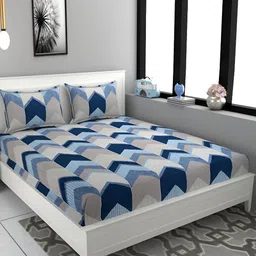 FINE TEX WORLD Blue & Grey Geometric 180 TC Microfiber Queen Bedsheet With 2 Pillow Covers-picture-25