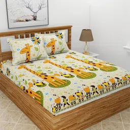 BREVARD White & Yellow Graphic 180 TC Fitted Queen Bedsheet with 2 Pillow Covers-image-8