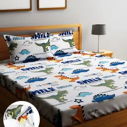 Home Sizzler White & Orange Graphic Fitted 210 TC King Bedsheet With 2 Pillow Covers-image-37