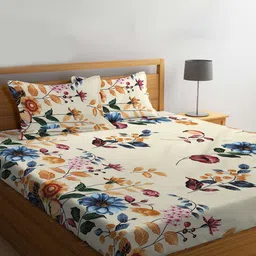 KLOTTHE Off White & Blue Printed Fitted Double King 300 TC Bedsheet With 2 Pillow Covers-image-19