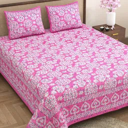 Varde Pink & White Ethnic Motifs Cotton 210 TC King Bedsheet with 2 Pillow Covers-picture-13