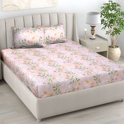 haus & kinder Pink & Green Floral Cotton 186 TC Fitted King Bedsheet with 2 Pillow Covers-picture-41
