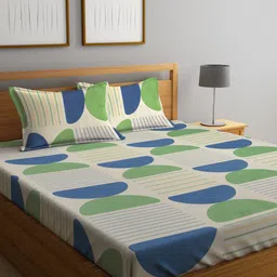 KLOTTHE Green & Blue Geometric Printed 300 TC Fitted King Bedsheet With 2 Pillow Covers-picture-10