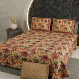LIVING ROOTS Yellow & Blue Floral Pure Cotton 300 TC King Bedsheet with 2 Pillow Covers-picture-15