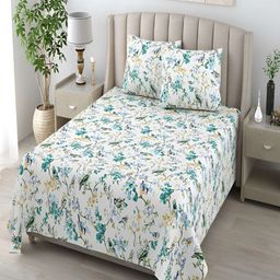 tundwal's White & Blue Floral Cotton 210 TC King Bedsheet with 2 Pillow Covers-picture-27