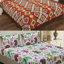 Aura White & Pink Geometric 144 TC 2 Queen Bedsheet with 4 Pillow Covers-picture-35