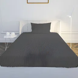 MAYFAIR HOMES LONDON Charcoal Striped Cotton 210 TC Single Bedsheet with 1 Pillow Covers-image-55