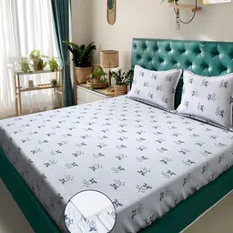 KLOTTHE White Printed 300 TC Fitted Double King Bedsheets & Pillow Covers-image-20