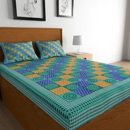 Urban Magic Blue & Green Geometric Cotton 104 TC Queen Bedsheet with 2 Pillow Covers-picture-28