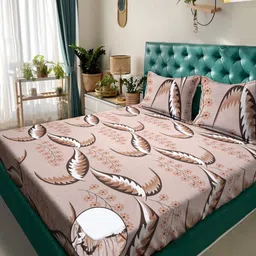 KLOTTHE Pink & Brown Printed 300 TC Double King Fitted Bedsheet With 2 Pillow Covers-image-88