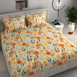 FINE TEX WORLD Orange Floral Microfiber Fitted 210 TC King Bedsheet With 2 Pillow Covers-picture-31