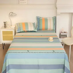 JC HOME Green & Orange Striped 160 TC King Bedsheet with 2 Pillow Covers-picture-47