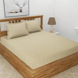 BREVARD Beige & Yellow Geometric 210 TC Fitted Queen Bedsheet With 2 Pillow Covers-image-6