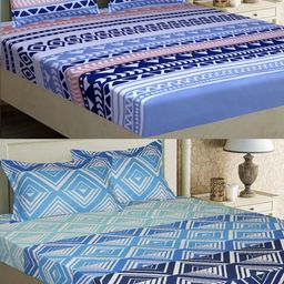 Aura Blue & White Geometric 144 TC 2 Queen Bedsheet with 4 Pillow Covers-picture-10