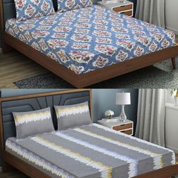 Aura Grey & White Floral 144 TC 2 Queen Bedsheet with 4 Pillow Covers-picture-24