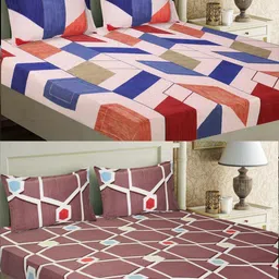 Aura Brown & Blue Geometric 160 TC 2 Queen Bedsheet with 4 Pillow Covers-picture-24