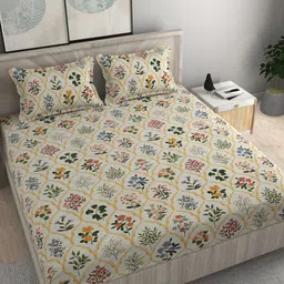 FINE TEX WORLD Beige Yellow Floral 210 TC King Fitted 160GSM Bedsheet With 2 Pillow Covers-picture-26