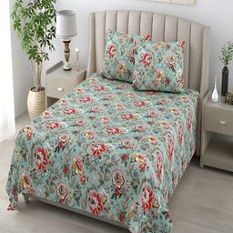 tundwal's Red & Blue Floral Cotton 210 TC King Bedsheet with 2 Pillow Covers-picture-14
