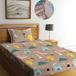 KLOTTHE Kids Brown Cartoon Characters 300 TC Elasticated Single Bedsheet with Pillow Cover-image-32