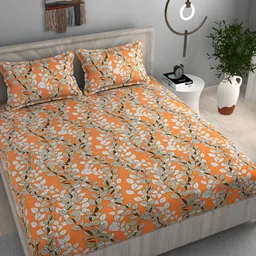 FINE TEX WORLD Orange & White Floral 180 TC Queen Bedsheet with 2 Pillow Covers-picture-16
