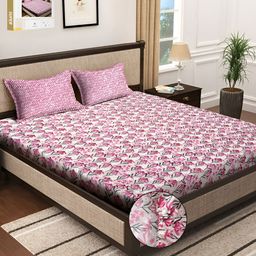KLOTTHE Pink & White Floral Printed 300TC Fitted Super King Bedsheet With 2 Pillow Covers-picture-25