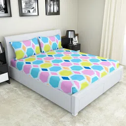 Nendle Blue & Yellow Geometric 210 TC Cotton Queen Bedsheet With 2 Pillow Covers-picture-21