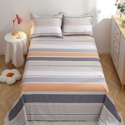 JC HOME Grey & Blue Striped 210 TC Queen Bedsheet with 2 Pillow Covers-picture-3