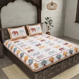 JAIPUR FABRIC Off White Ethnic Motifs 210 TC Cotton Queen Bedsheet with 2 Pillow Covers-picture-6