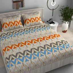 FINE TEX WORLD Peach & Blue Geometric 180 TC Microfiber Queen Bedsheet with 2 Pillow Cover-picture-30