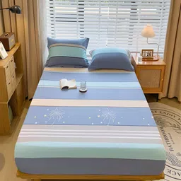 JC HOME Blue & Green Striped Cotton Fitted 230 TC King Bedsheet With 2 Pillow Covers-image-64