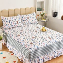 JC HOME Pink & Blue Floral Printed 200 TC Cotton Single Bed Cover & 1 Pillow Cover-picture-37