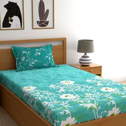 Dreamscape Teal & White Floral 140 TC Cotton Single Bedsheet with 1 Pillow Covers-image-50