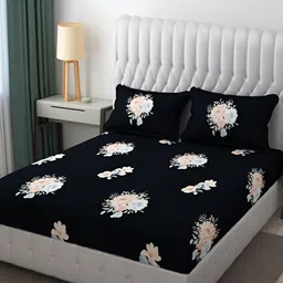 FINE TEX WORLD Black & Peach Floral 210 TC Microfiber King Bedsheet with 2 Pillow Covers-picture-22