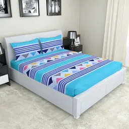 Nendle Turquoise Blue & White Geometric 210 TC Cotton Queen Bedsheet With 2 Pillow Covers-picture-41