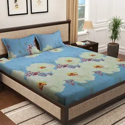 KLOTTHE Blue & Green Floral 300 TC King Bedsheet With 2 Pillow Covers-image-51
