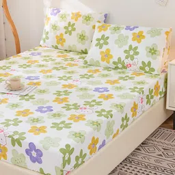 JC HOME White & Green Floral Printed 200 TC Fitted Queen Bedsheet & Pillow Covers-picture-22