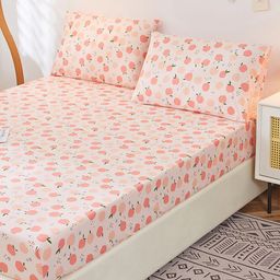 JC HOME Peach & Green 200 TC Pure Cotton Fitted King Bedsheet & 2 Pillow Covers-picture-24