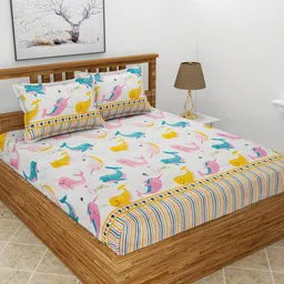 BREVARD White & Yellow Printed Fitted 210 TC Queen Bedsheet With 2 Pillow Covers-image-11